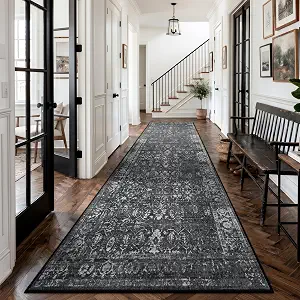 Morebes Black Vintage Carpet Runners for Hallway 12ft,Washable Long Runner Rug for Kitchen Indoor Floor Non-Slip,Distressed Super Soft Throw Carpet for Entryway Bathroom Dining Room Playroom