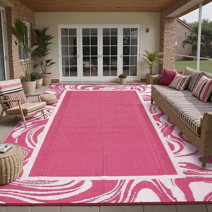 Garvee 10x14 Extra Large Pink White Striped Outdoor Rug, Lightweight Waterproof Plastic Straw Deck Rug Quick Dry Weather Resistant Outdoor Rugs for Patio,Beach,RV,Picnic,Camping, Pink White