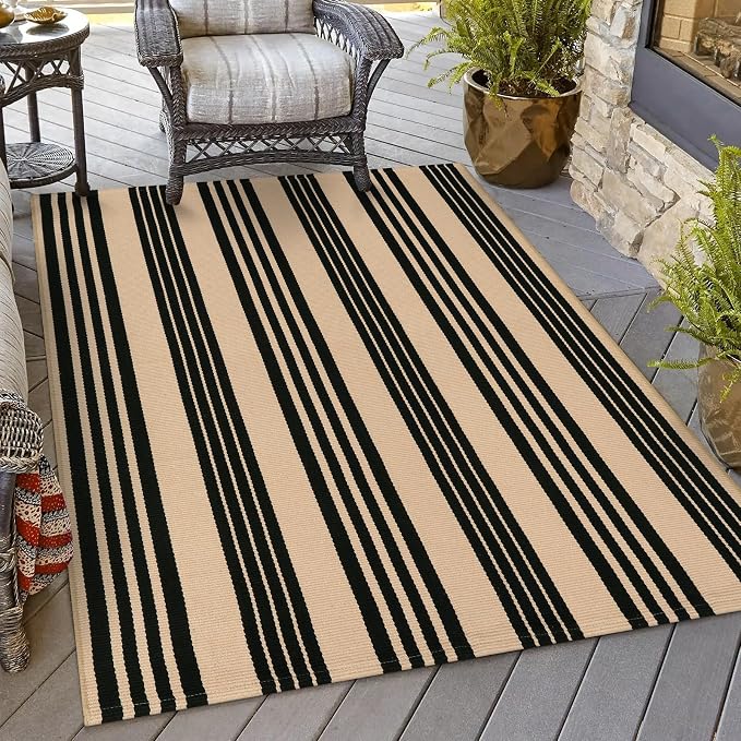 OJIA Outdoor Area Rugs 4'x6', Black and Tan Patio Rug Fall Porch Decor